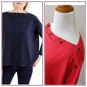 J. Crew Belvedere Button Boat Neck Sweater Red Boxy Fit Cotton/Viscose Women XS